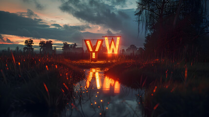 Dusk Representation of the 'YW' Chat Slang in an Illuminated Public Park Setting