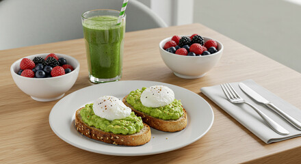 Café da manhã equilibrado para e-book: torradas com abacate, ovos e frutas com bebida verde.