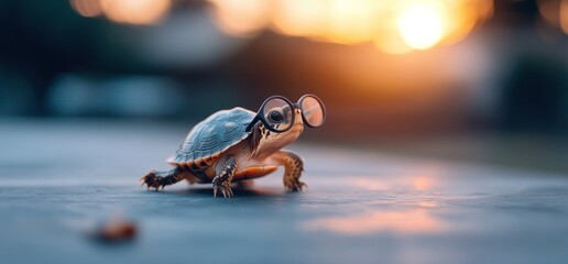Turtle walking on glossy surface