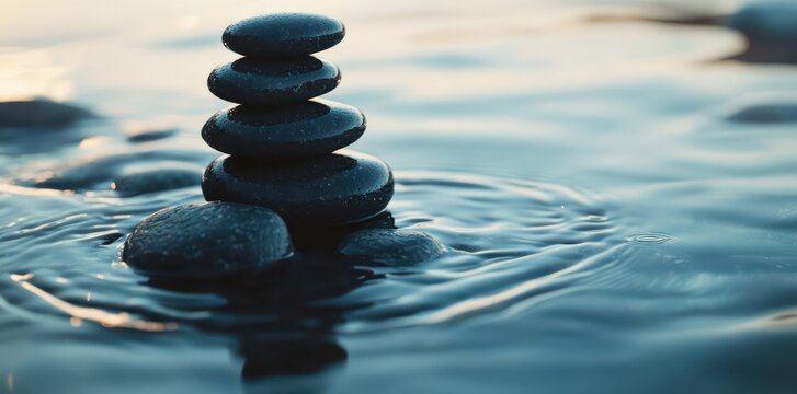 Serene stacked stones in calm water, sunset background, wellness concept - Powered by Adobe
