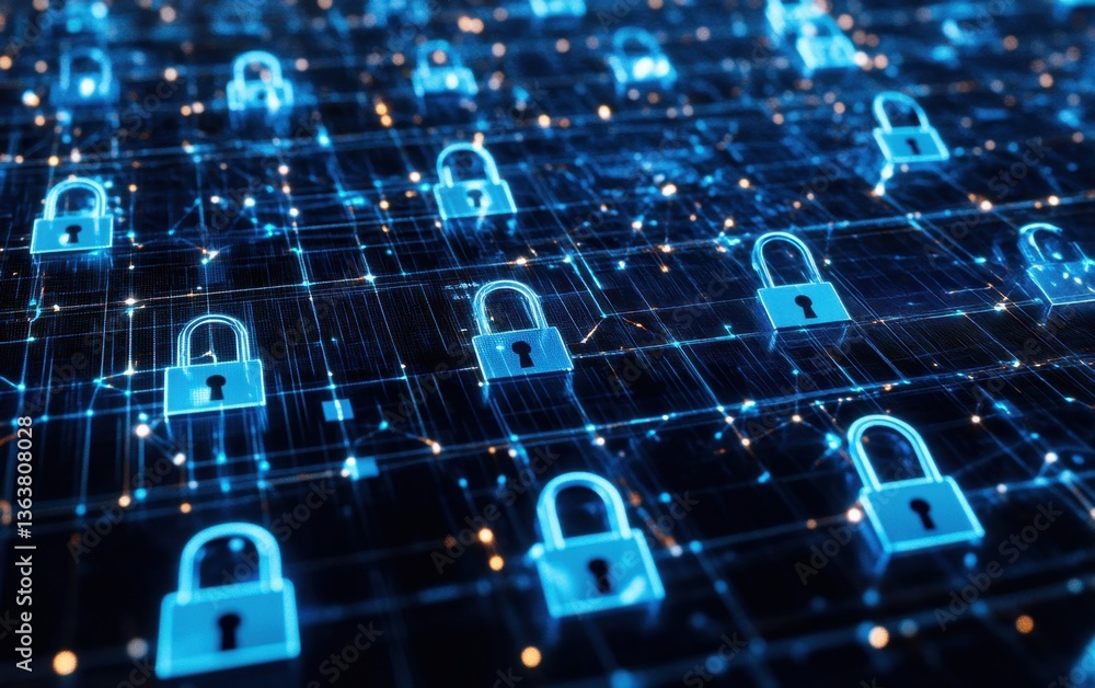 Poster a digital background with multiple blue padlock icons on a black grid, symbolizing security and cybe