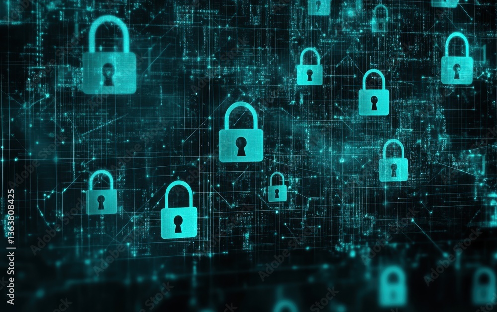 Poster a digital background featuring multiple padlock icons in an abstract grid pattern, symbolizing secur