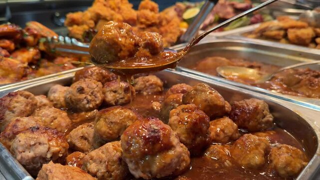 meatballs in the buffet Deep fried foods such as Chicken Drumsticks, Meatballs and Torfu in stainless steel trays, being kept warm inside a glass display counter cabinet. In a local buffet restaurant.