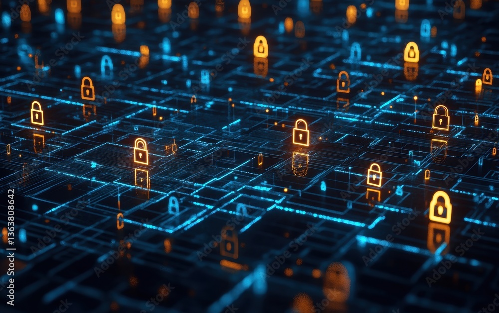 Poster a digital grid with glowing padlock icons, representing the advanced security features of nfts and b