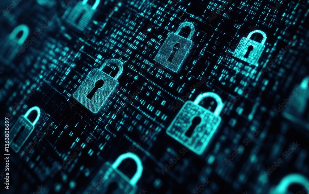 Poster abstract digital background with padlock icons on a grid, symbolizing data security and cyber protec