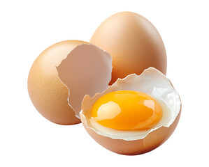 Close up fresh broken chicken egg with egg yolk inside on transparent background