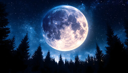 Naklejka premium Majestic full moon illuminating a dark evergreen forest at night