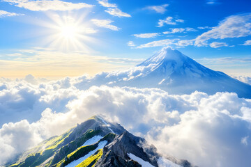 Majestic mountain peak rises above a sea of clouds under a bright sun