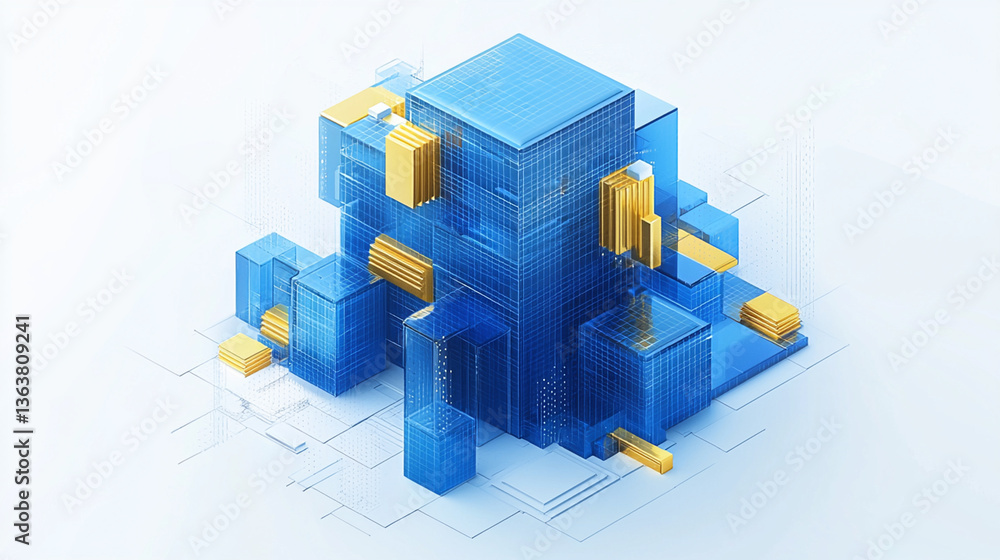 Poster abstract blue and gold geometric structure; technology concept; white background; data visualization