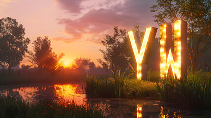 Dusk Representation of the 'YW' Chat Slang in an Illuminated Public Park Setting