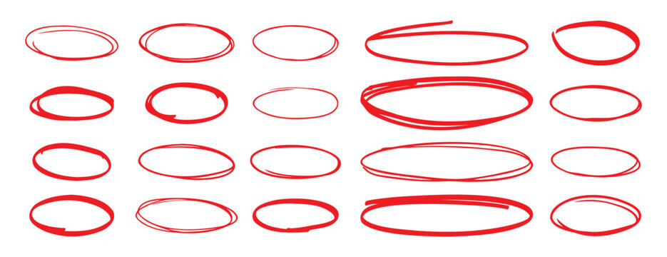 red pen hand drawn doodle marks, red circle and oval stroke set. Outline red drawing line clipart symbol