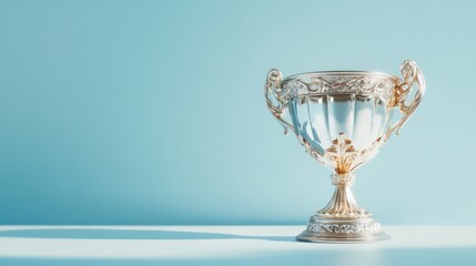 Silver trophy on blue background, success concept