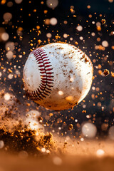 Mud-splattered baseball in dynamic motion, dirt exploding around it