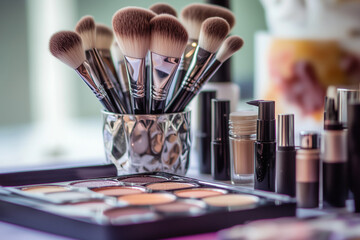 Professional Makeup Brushes and Eyeshadow Palette in a Beauty Studio