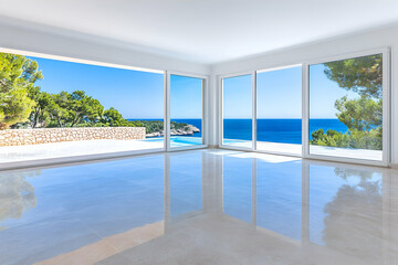 Panoramic ocean view from a modern, minimalist home with polished floors and sliding glass doors