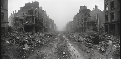 Black and white photograph captures ruins left by forces after withdrawal during World War. Collapsed buildings with scattered debris show devastation. Documentary chronicle shoots of human stupidity