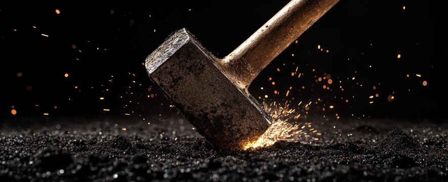 Sledgehammer striking, sparks flying, dark background, industry concept