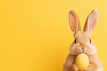Obraz premium Adorable Easter Bunny Holding Yellow Egg on Yellow Background