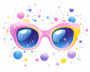 Pink galaxy sunglasses surrounded by colorful confetti