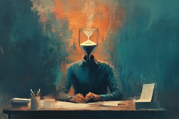 Job fatigue,overworking burnout,workaholic stress.A painterly depiction of a person sitting at a desk, their head replaced by a sandglass with the sand running out