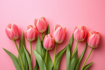 Fototapeta premium Pink tulips arranged beautifully on a pastel pink background 