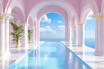 Fototapeta premium Pink palace, arched hallway, infinity pool, ocean view
