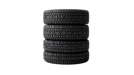 Stack of four new tires on transparent background for automotive use