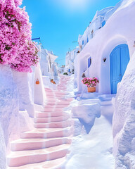 Pink stairs ascend a sun-drenched, whitewashed alley lined with vibrant bougainvillea