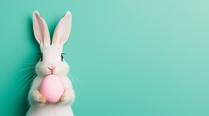 Obraz premium Adorable White Easter Bunny Holding Pink Egg Against Teal Background