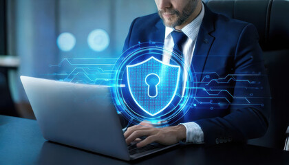 businessman focused on cybersecurity works on laptop, surrounded by digital security graphics, ensuring data protection