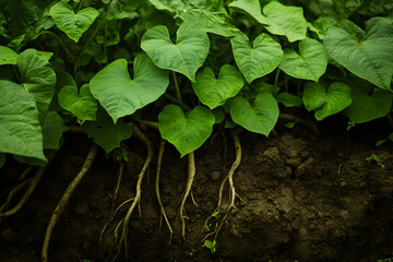 Vibrant Yam Plant Showcasing Heart-Shaped Leaves and Nutritious Underground Tubers in Natural Light