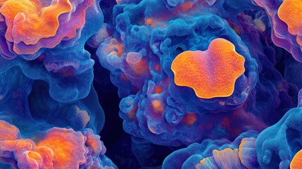 Abstract organic coral reef patterns with vivid blue and orange color gradients create a microscopic, imaginative background