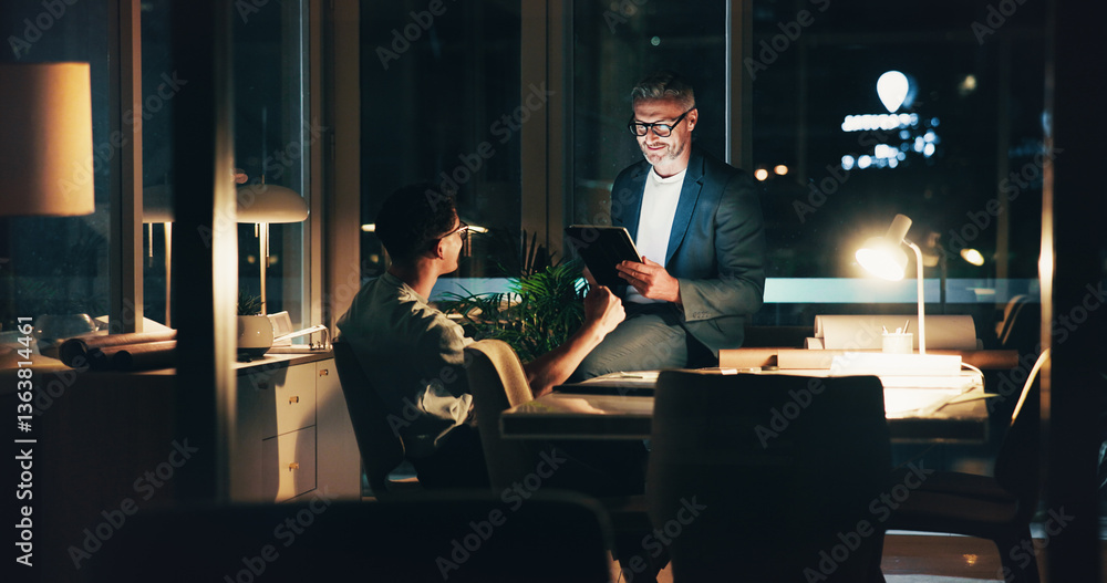 Poster programmer, night meeting and tablet for review, feedback or overtime work for agency performance. b