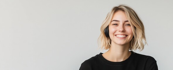 Smiling woman headphones indoor studio