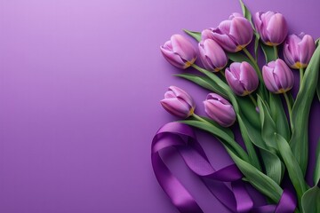 Obraz premium Purple Tulip Bouquet with Ribbon on Purple Background 