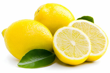 Ripe yellow lemons with green leaves, two whole and one sliced in half, isolated on white