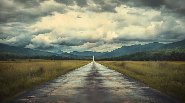 A solitary asphalt road stretches towards dramatic, verdant mountains under a brooding, overcast sky, promising adventure and untold journeys ahead. Verdant Incubation. Illustration