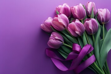 Fototapeta premium Pink tulips bouquet with ribbon on purple background 