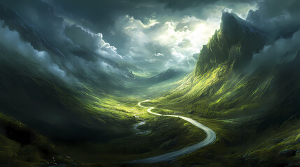 A winding asphalt road ascends a verdant mountain pass beneath a dramatic sky of brooding clouds and a sliver of sunlight. Verdant Incubation. Illustration