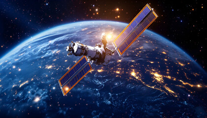 Obraz premium Satellite orbiting Earth at night, showing city lights and solar panels