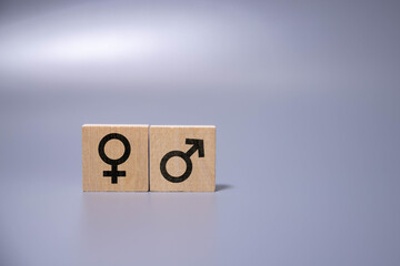 Concept of wooden male and female sex symbols.