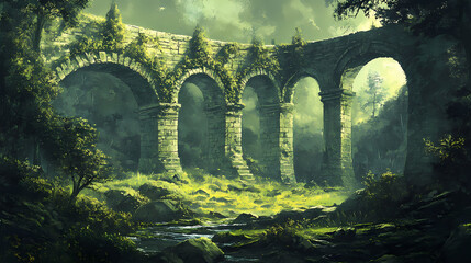Fototapeta premium Ancient stone aqueduct: a moody, verdant landscape. Verdant Incubation. Illustration
