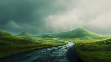 Asphalt ribbon unwinding through verdant hills under a brooding sky, promising adventure and the open road. Verdant Incubation. Illustration