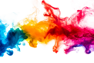 Multicolor inks mix in water with colors, creating artistic swirls, cut out transparent