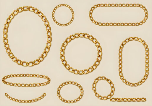 3D gold chain frame, Oval or round rectangle. Seamless luxury golden frame set, Golden chains of different shapes realistic. 