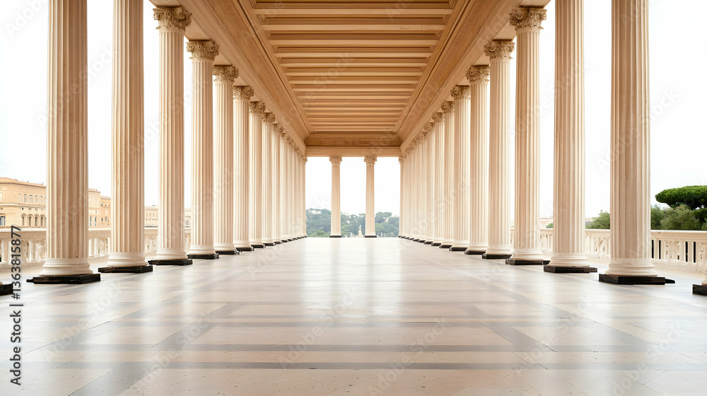 Poster classical architectural structure with rows of white columns and tile floor beneath a beige ceiling 