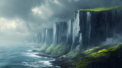 Dramatic coastal cliffs rise above the sea, their stark faces contrasting with the lush, green hills under a brooding sky. Verdant Incubation. Illustration