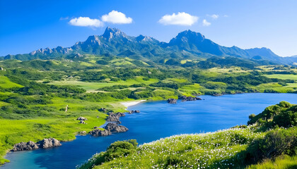 Obraz premium Serene coastal landscape with vibrant green hills and clear blue water under a sunny sky