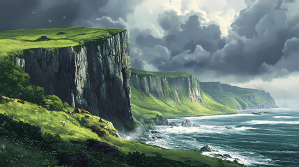Dramatic coastal cliffs rise above the sea, their stark faces contrasting with the lush, green hills under a brooding sky. Verdant Incubation. Illustration