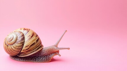 Snail crawling on pink background, nature study, pastel colors, design element